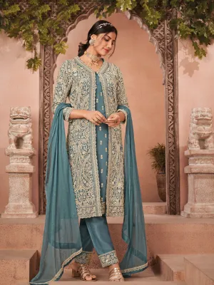 Unique Greyish Blue Heavily Embellished Jacket Style Pant Kurta Set