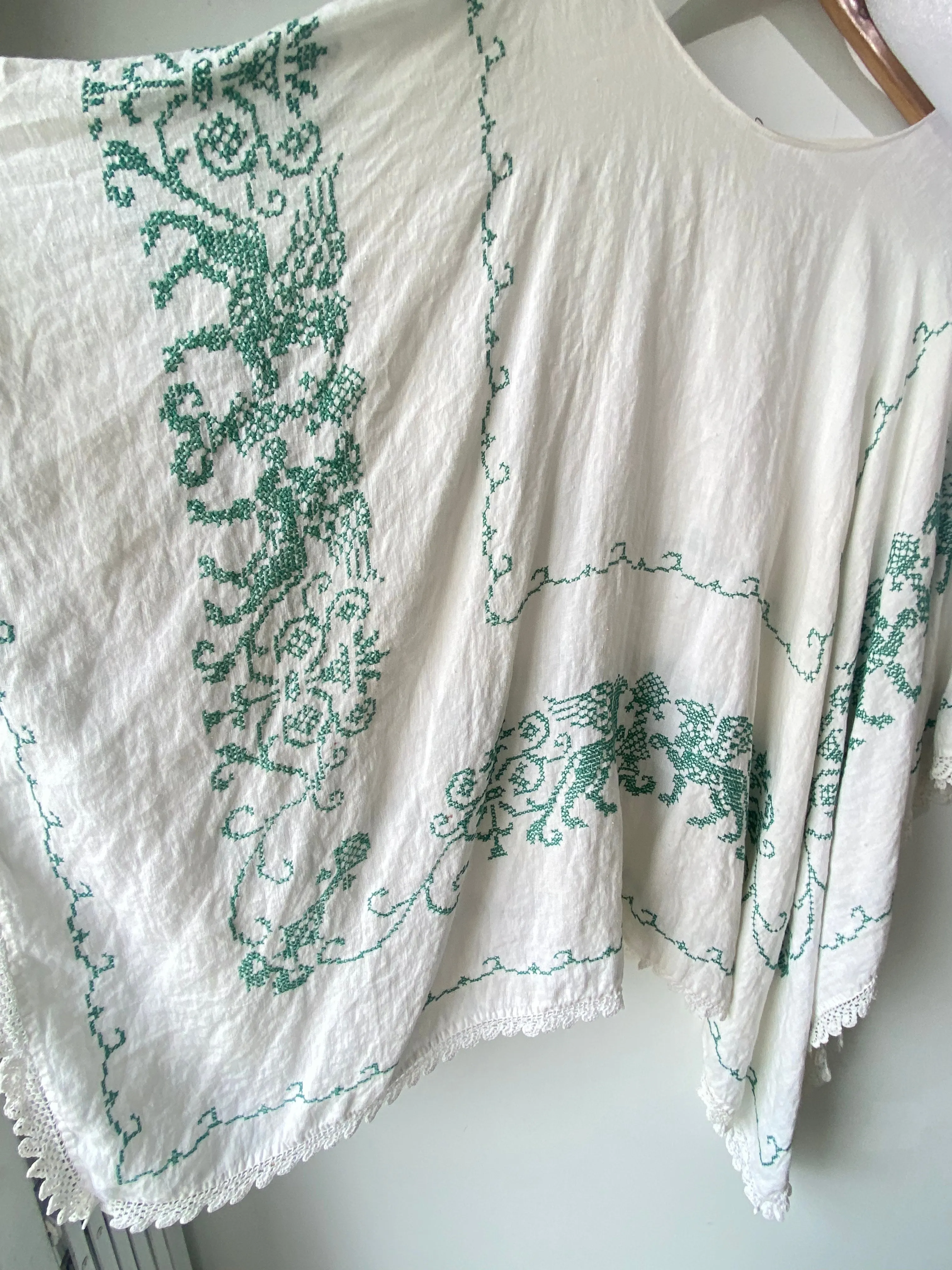 Upcycled Hand-Stitched Tablecloth Poncho