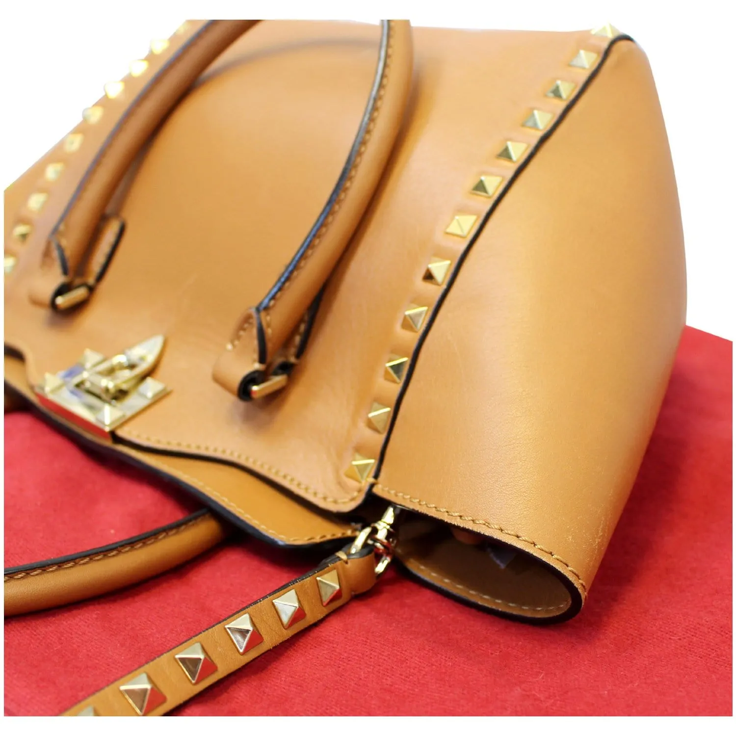 VALENTINO Rockstud Small Double Handle Leather Tote Bag Camel Brown