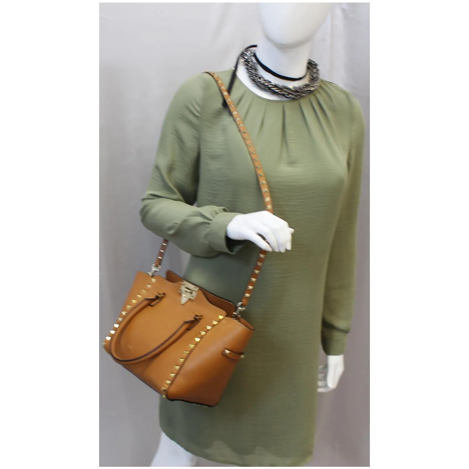 VALENTINO Rockstud Small Double Handle Leather Tote Bag Camel Brown