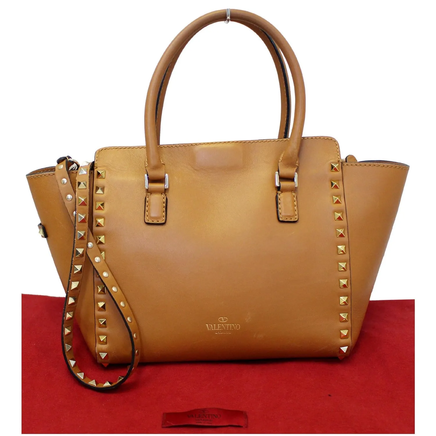 VALENTINO Rockstud Small Double Handle Leather Tote Bag Camel Brown