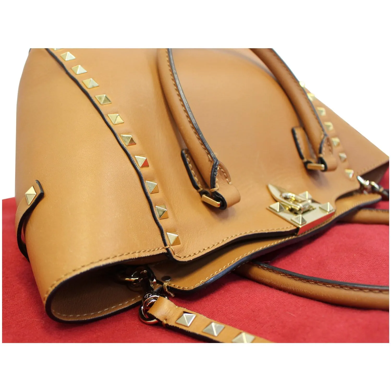 VALENTINO Rockstud Small Double Handle Leather Tote Bag Camel Brown