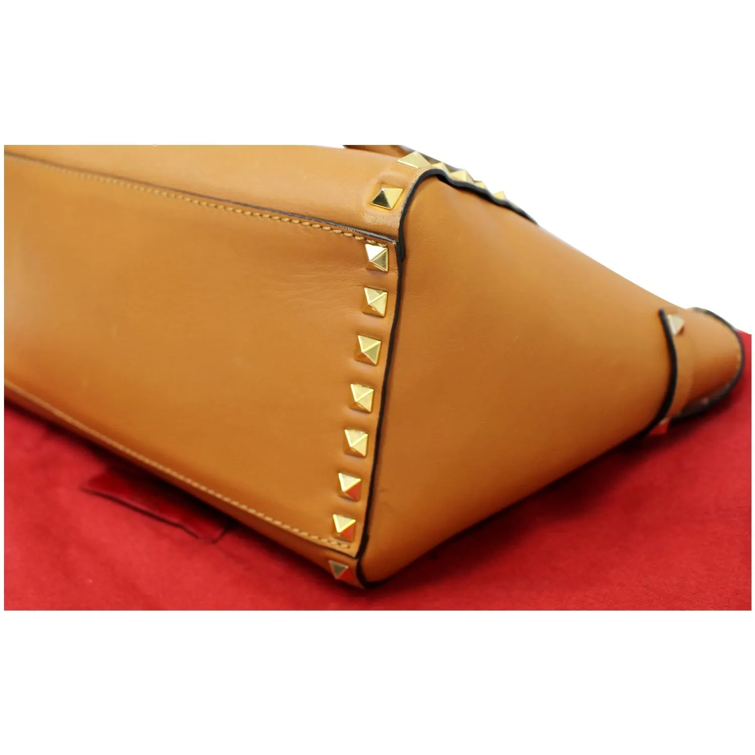 VALENTINO Rockstud Small Double Handle Leather Tote Bag Camel Brown