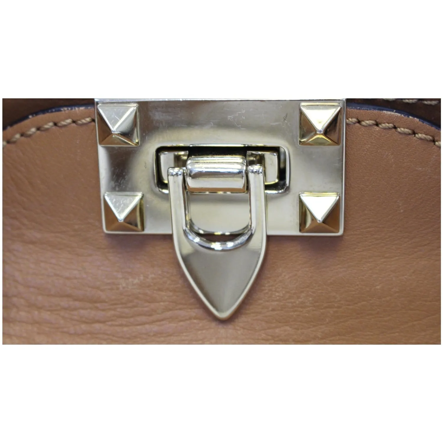 VALENTINO Rockstud Small Double Handle Leather Tote Bag Camel Brown
