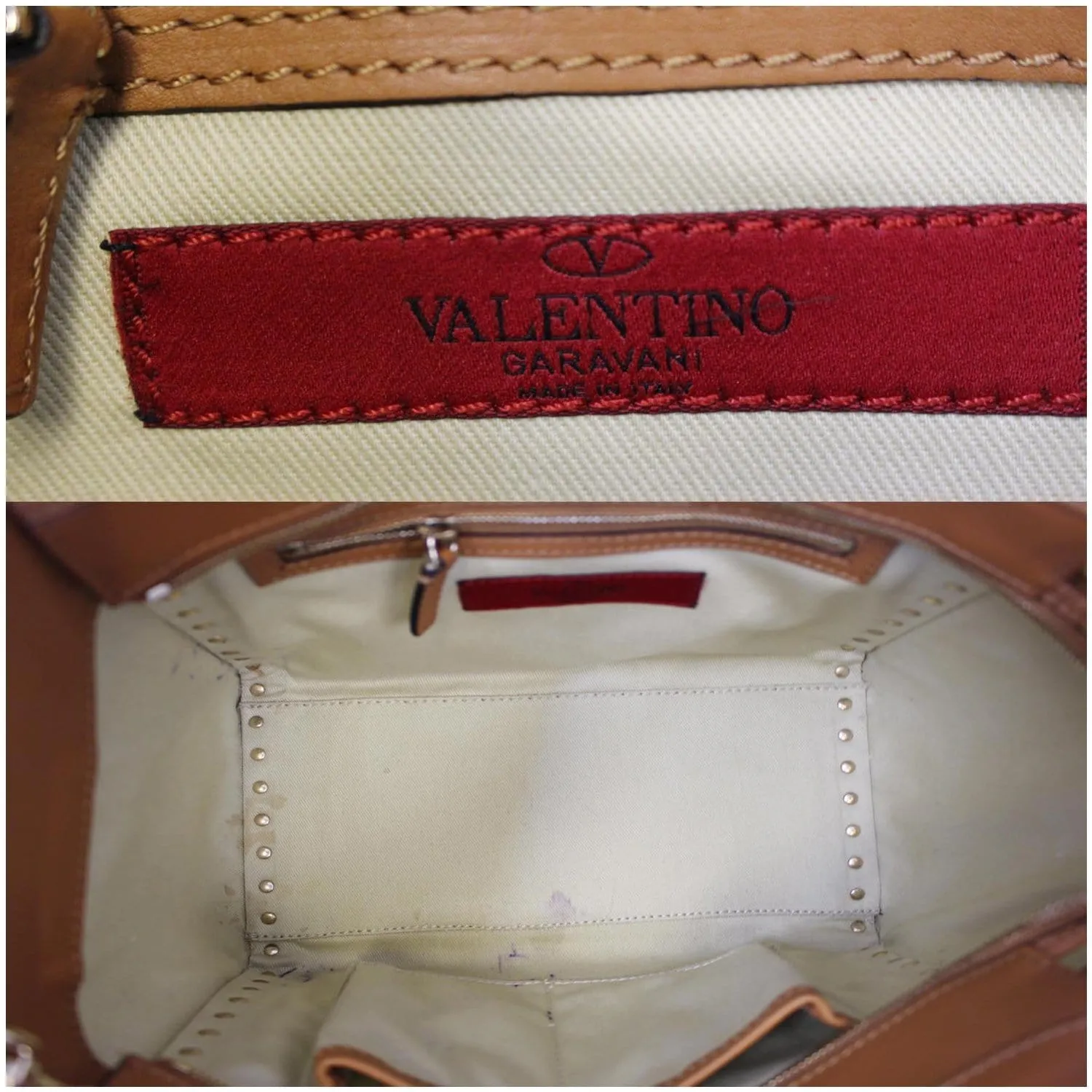 VALENTINO Rockstud Small Double Handle Leather Tote Bag Camel Brown