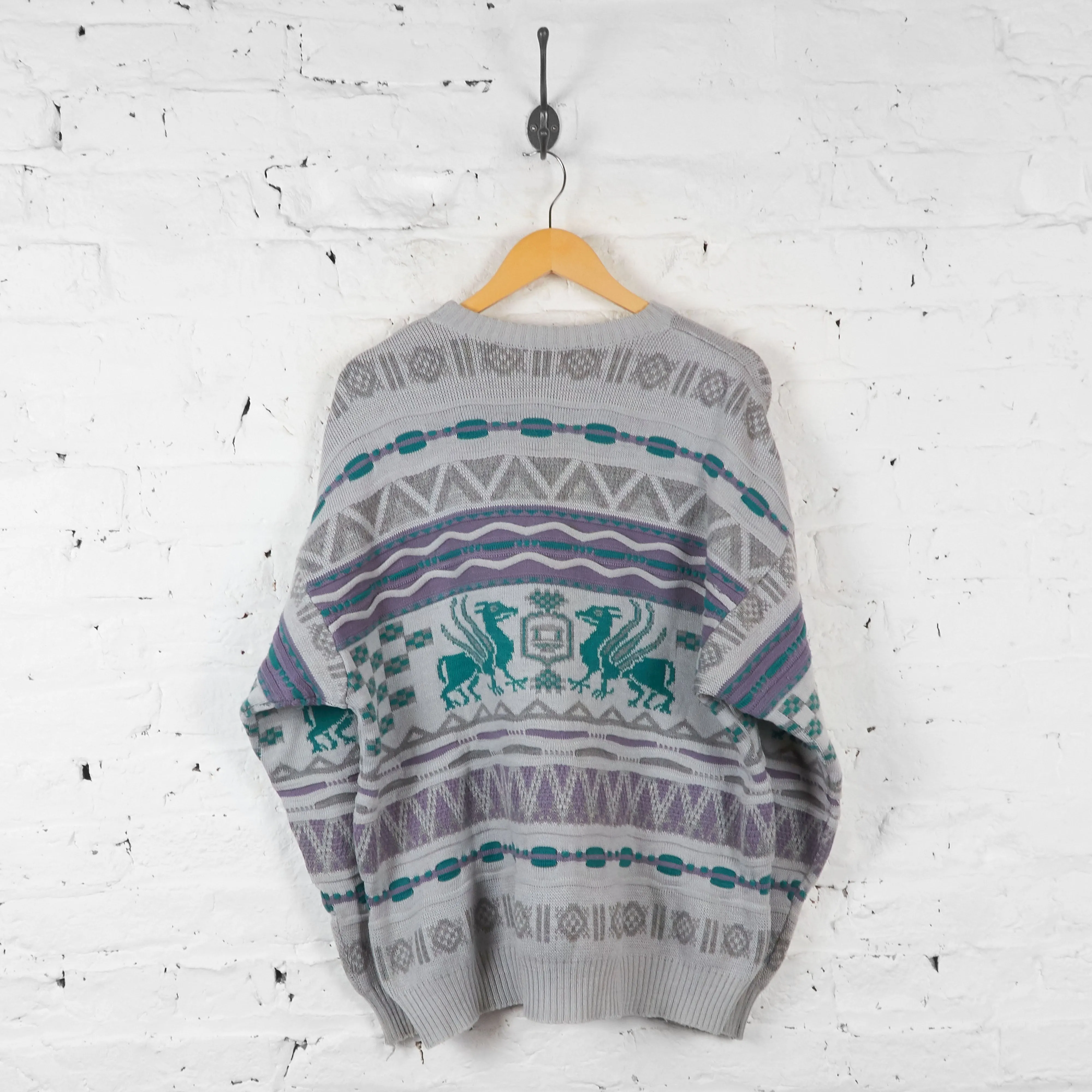 Vintage Textured Patterned Knit Jumper - Grey - L