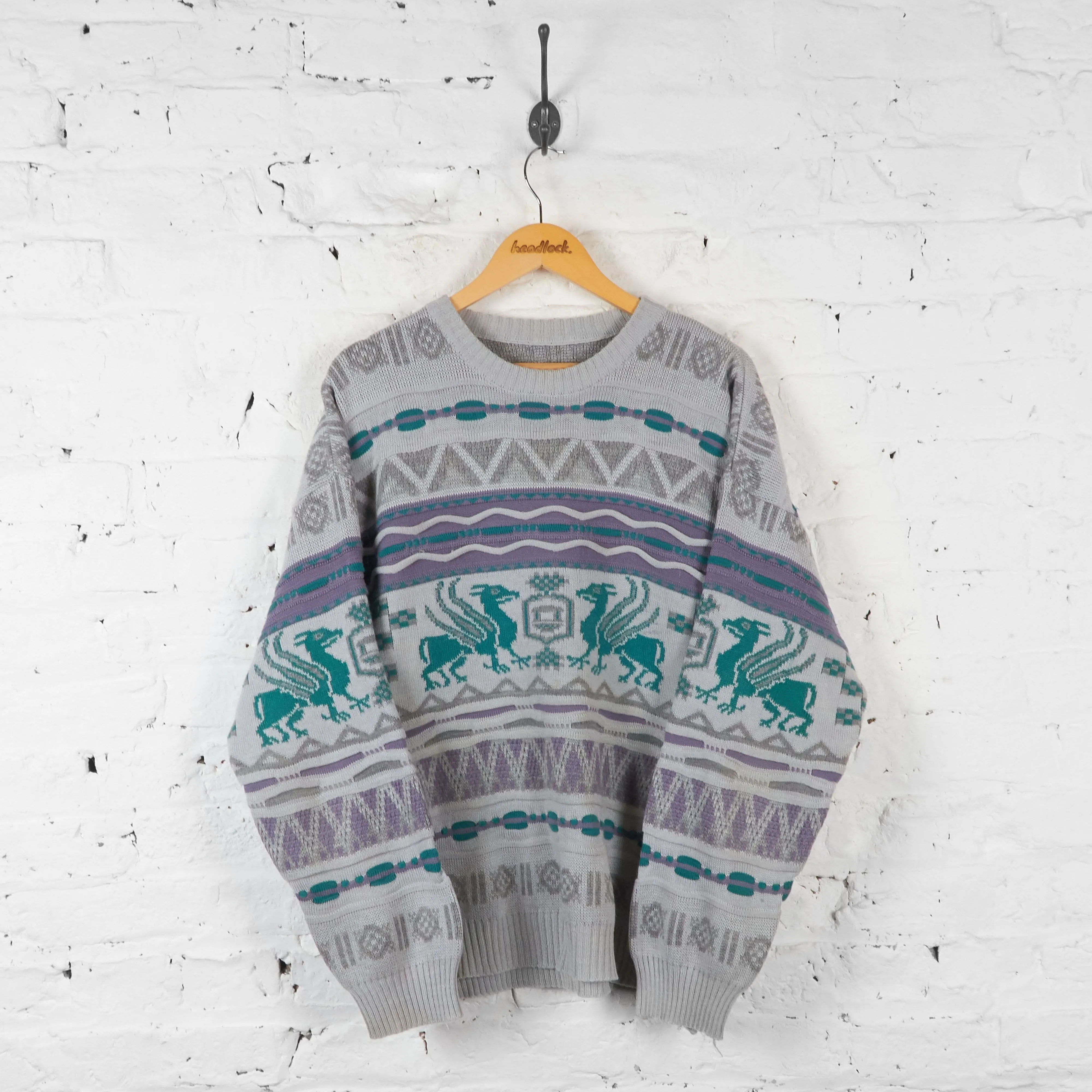 Vintage Textured Patterned Knit Jumper - Grey - L