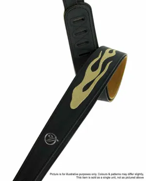 Vorson Black Leather Guitar Strap with Stitched Gold Flame Design