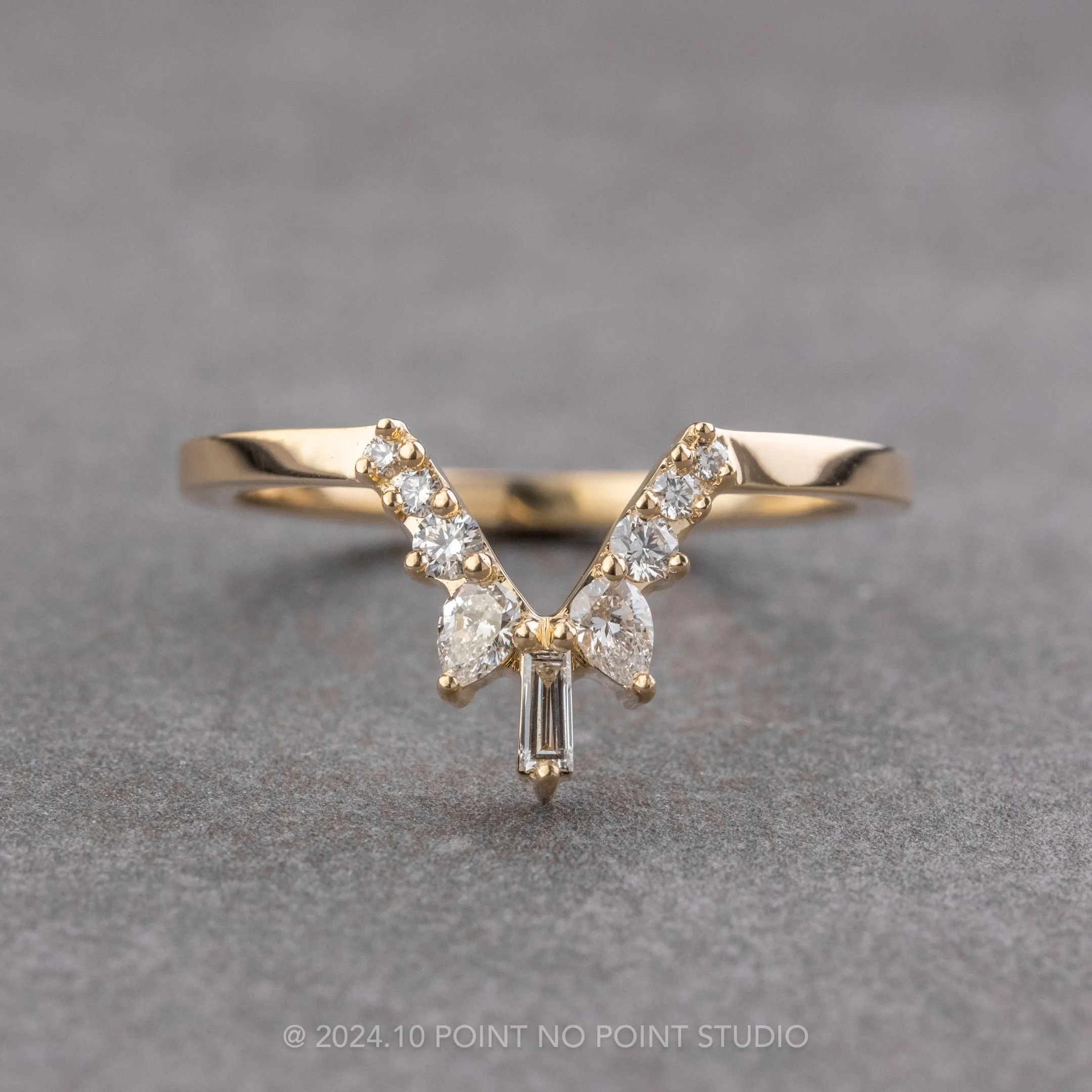 White Diamond V Contour Wedding Band, Sage Setting, 14k Yellow Gold