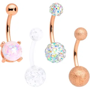 White Faux Opal Clear Gem Rose Gold Tone Aurora Belly Ring Set of 4