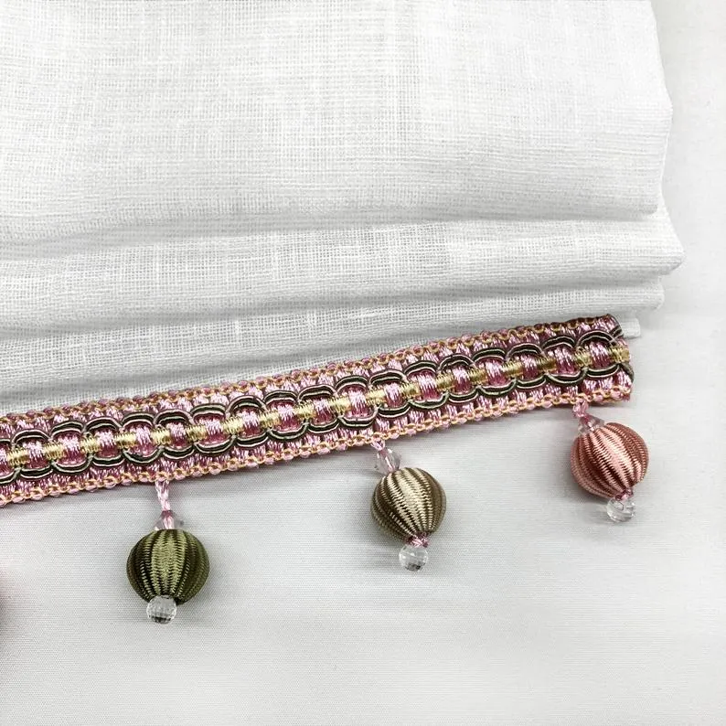 White Linen Relaxed Roman Shade with Multi Color Beads Trim
