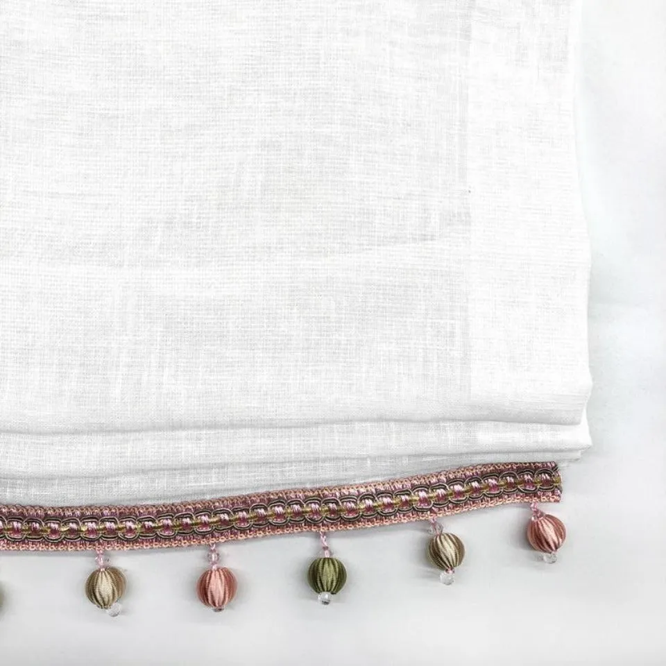 White Linen Relaxed Roman Shade with Multi Color Beads Trim