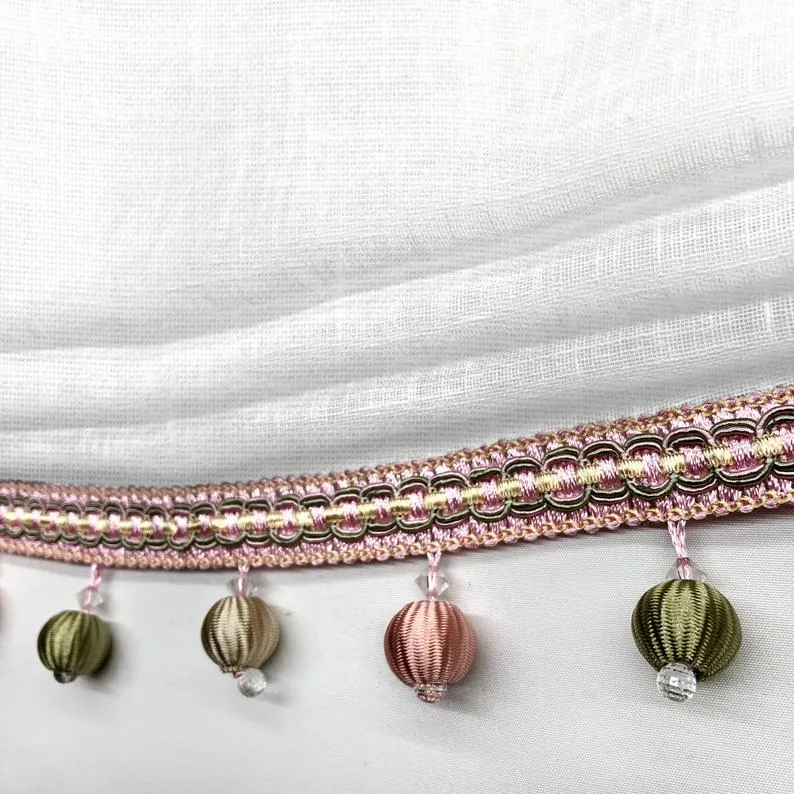 White Linen Relaxed Roman Shade with Multi Color Beads Trim