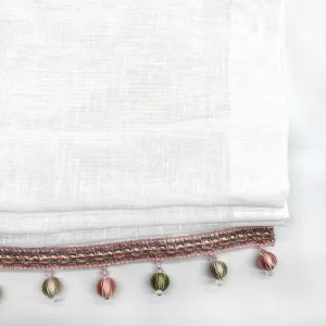 White Linen Relaxed Roman Shade with Multi Color Beads Trim