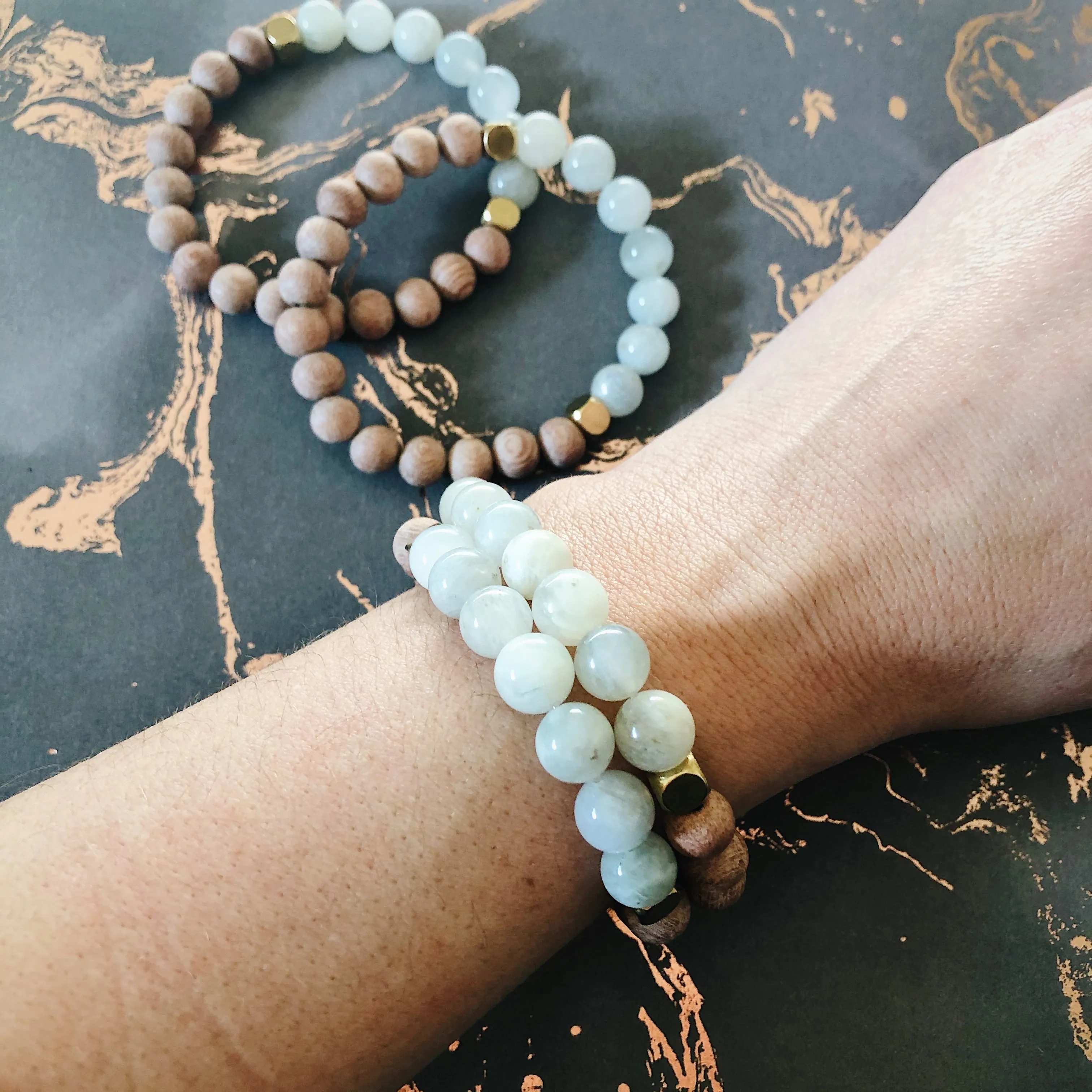 White Moonstone Rose Wood Diffuser Bracelet