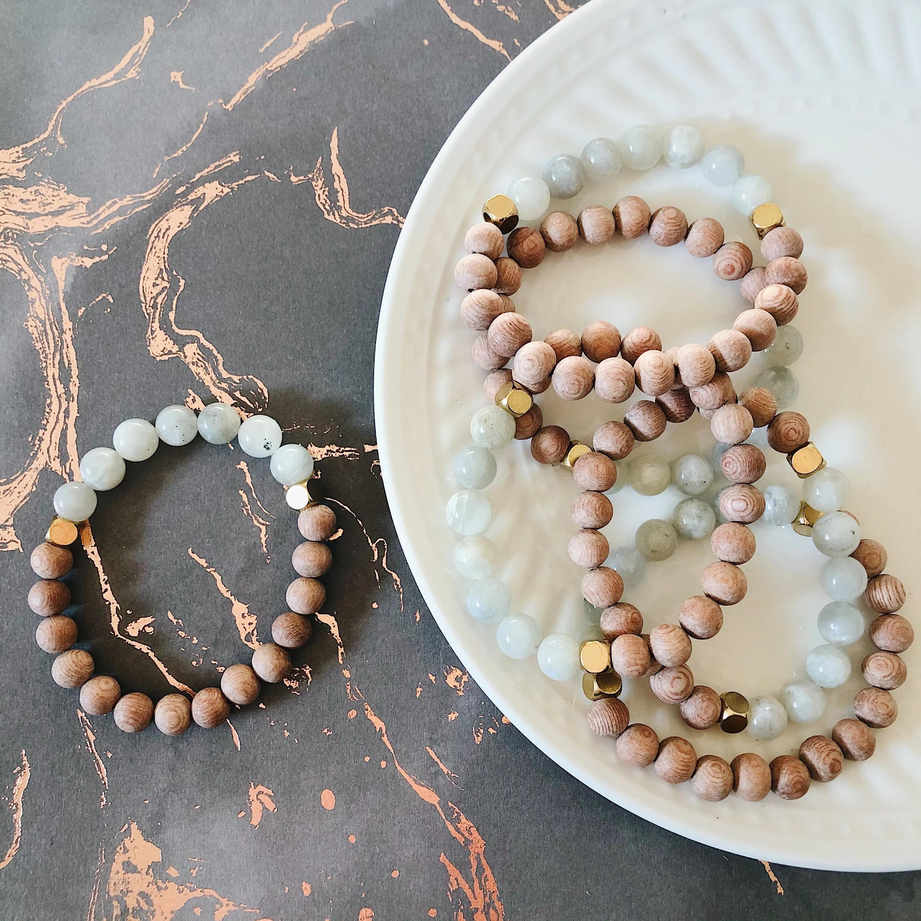 White Moonstone Rose Wood Diffuser Bracelet