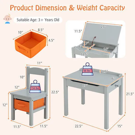 Wood Activity Kids Table and Chair Set with Storage Space-Gray - Color: Gray