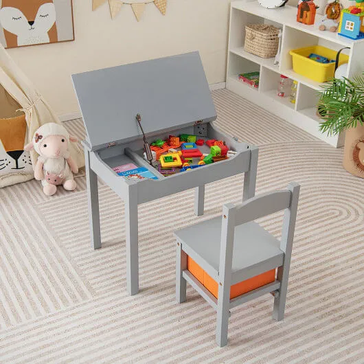 Wood Activity Kids Table and Chair Set with Storage Space-Gray - Color: Gray