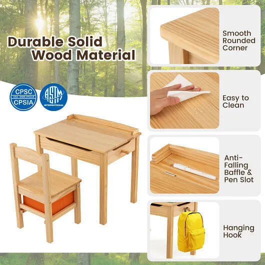 Wood Activity Kids Table and Chair Set with Storage Space-Natrual - Color: Natur