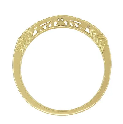 Yellow Gold Art Deco Crown of Leaves Curved Filigree Engraved Wedding Band