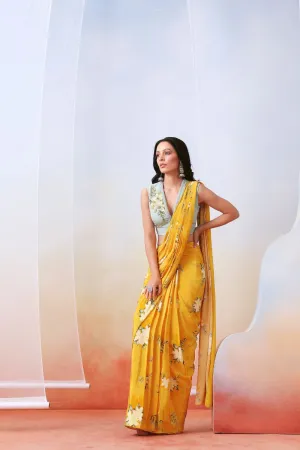 Yellow Printed And Embroidered Pre Stitched  Saree Set