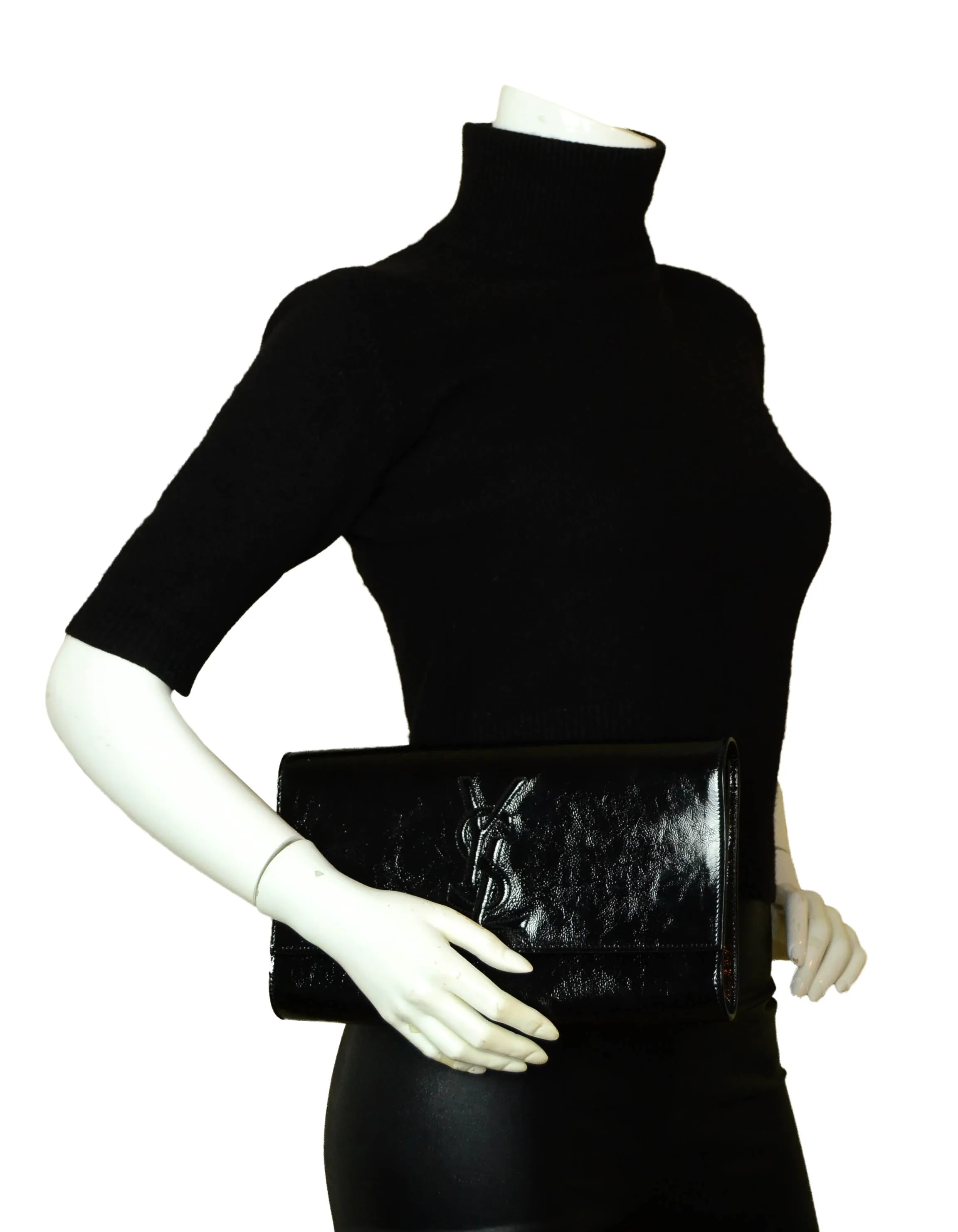 Yves Saint Laurent Black Patent Monogram Large Belle De Jour Clutch Bag
